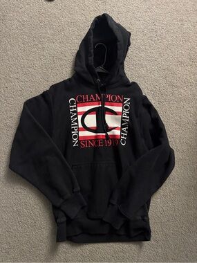 Champion Black Hoodie with Red & White Graphic
